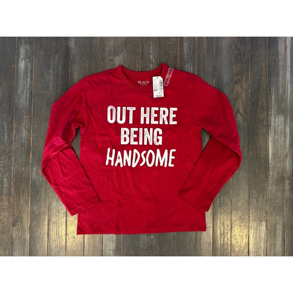 The Childrens Place Boys Red Out Here Being Handsome Long Sleeve Graphic Tee M 8